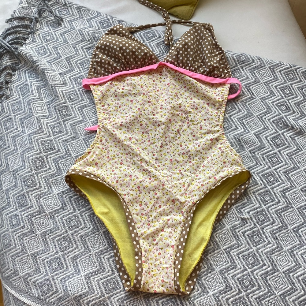 Maya Floral Polka Dot One Piece Swimsuit Size L Cutout Tie Back